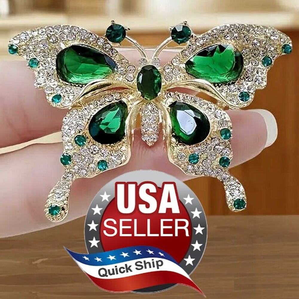 Butterfly Brooch Pin for Women •Rhinestones & Green Faux Emeralds •Vintage Style